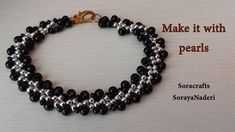 black and silver beaded bracelets with gold clasp on white background text reads make it with pearls