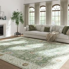 a living room filled with furniture and a large rug on top of a hard wood floor