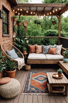 a porch with lots of plants and furniture