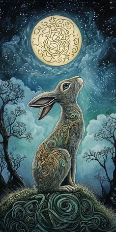 a painting of a rabbit sitting on top of a hill under a moon filled sky