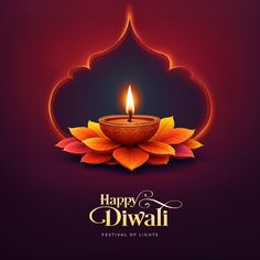 happy diwali festival poster with lit candle and colorful leaves on dark purple background