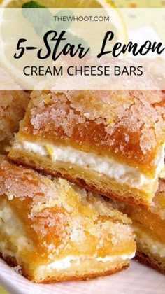 lemon cream cheese bars stacked on top of each other with the words easy and delicious