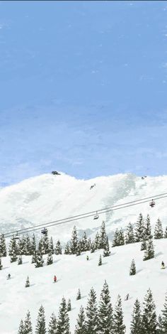 the skiers are skiing down the snowy mountain side with their ski lift in the background