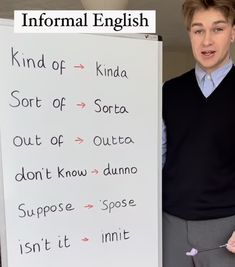 a man standing in front of a white board with writing on it that says informal english