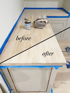 an unfinished kitchen counter with blue tape on the top and below it, before and after being painted