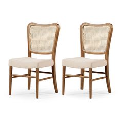 a pair of wooden chairs with beige upholstered back and seat cushions, side by side