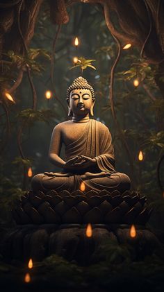 a buddha statue sitting on top of a rock surrounded by trees and lit up candles