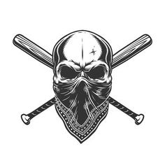 a skull wearing a bandana with two baseball bats in front of it, on a white background