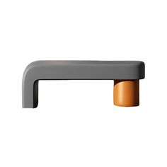 a gray and orange handle on a white wall mounted faucet with an orange top