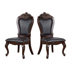 a pair of wooden chairs with black leather upholstered backrests and arms