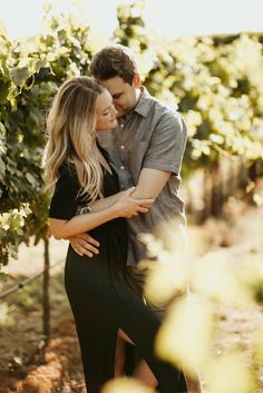 a man and woman hugging in the middle of a vineyard