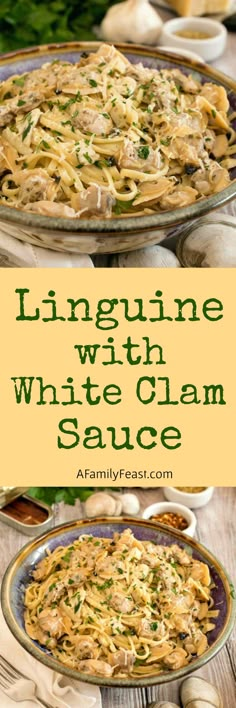 linguinne with white glam sauce in a casserole dish