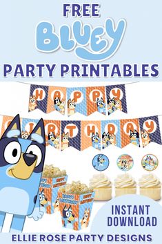 Free Printable Bluey Decorations, Cricut Bluey Birthday, Bluey Grannies Party, Diy Bluey Decorations, Diy Bluey Birthday Decorations, Bluey Party Food, Party Food Labels