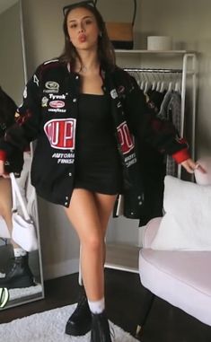 Outfits With Racing Jacket, Racer Jacket Outfit Aesthetic, Letterman Outfit Ideas, Vintage Racer Jacket Outfit Women, Letterman Jacket Outfit Aesthetic, Racer Jacket Outfit Women Skirt, Oversized Racing Jacket Outfit, Cool Jacket Outfit, Street Racer Outfit Women