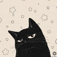 a drawing of a black cat with stars around it's neck and eyes, looking up at the sky