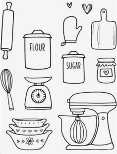 a black and white drawing of kitchen items with the words flour, sugar, measuring spoons