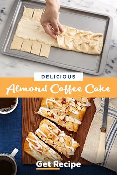 almond coffee cake on a baking sheet with the title delicious almond coffee cake get recipe