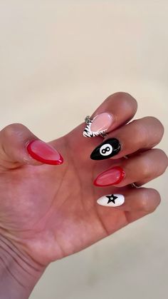 Zebra Red Nails, 8 Ball Cheetah Print Nails, Red Cherry 8 Ball Nails, Red And Zebra Nails, Jessie Murph Nails, Nail Inspiration Trendy, Red And Black Aesthetic Nails, 8 Ball Nails Pink, Red And White Checkered Nails