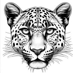 a black and white drawing of a leopard's face