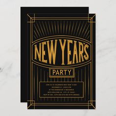 a new years party card with the words,'new years party'in gold and black