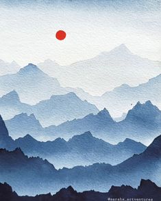 a painting of mountains with a red ball in the sky above them and watercolor on paper