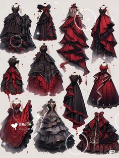 some very pretty dresses that are all different colors and sizes, but one is red