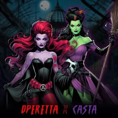 two women dressed up as witches in front of a dark background with the words opera x casta on it