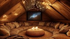 a living room filled with lots of couches and pillows under a ceiling covered in lights