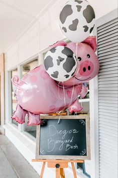 some balloons that are in the shape of pigs on a chalkboard with writing underneath them