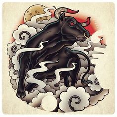 a black bull with horns standing on clouds and moon in the sky, surrounded by clouds