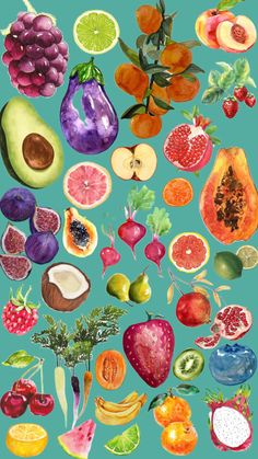 a painting of various fruits and vegetables on a blue background