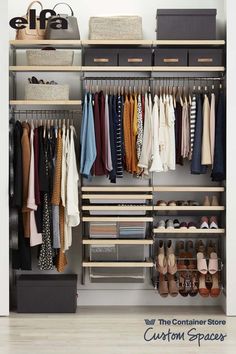 an organized closet with clothes and shoes