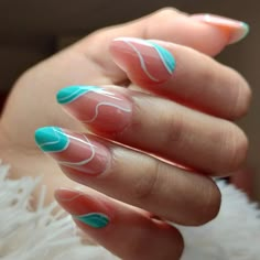 Turquoise Tropical Nails, White Nails With Teal Design, Fun Teal Nails, Nails For Turquoise Dress, Aqua Nail Ideas, Aqua Almond Nails, Simple Turquoise Nails, Summer Nails Blue Aqua, Dark Turquoise Nails Designs