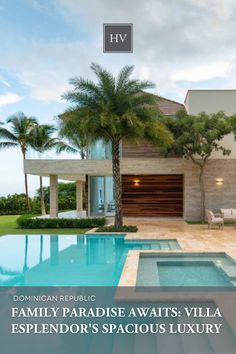 a house with a swimming pool and palm trees