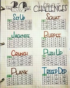 a notebook with some writing on it that says, challenge day challenges and squat squat