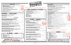 the menu for foggy's is shown in black and white, with red lettering