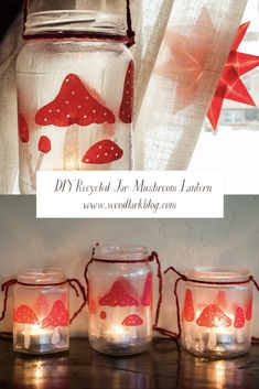 three mason jars with red mushrooms in them and some string on the top one is filled with candles