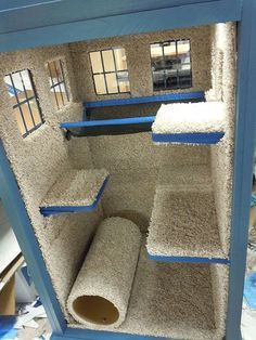 the inside of a doll house with blue trimmings and white carpeted walls