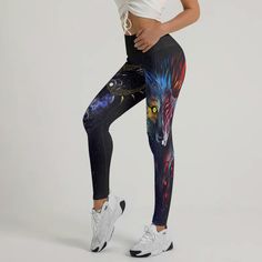 Sun and Moon Wolf Entities Leggings Material and Design Introducing our Sun and Moon Wolf Entities Leggings: a fusion of comfort, style, and functionality. Made with a high-quality blend of polyester and spandex, these leggings provide a buttery-soft texture that feels luxurious against your skin. Perfect for both casual and active wear, they feature a regular fit and an elastic waistband that ensures maximum comfort. Comfort and Fit The leggings are designed with a double-layered waistband, off Moon Wolf, Stirrup Pants, Yoga Tights, Rash Guard Women, Workout Attire, Sleeveless Pullover, Leggings For Women, Gym Leggings, Sun And Moon