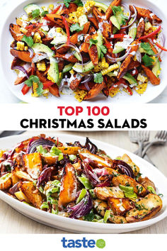 the top 100 christmas salads are shown in three different dishes, including chicken and vegetables