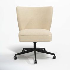 an office chair with wheels and a beige upholstered seat, viewed from the front