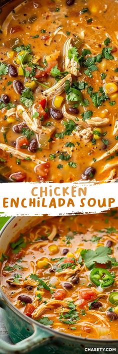 chicken enchilada soup in a green pot with cilantro and black olives