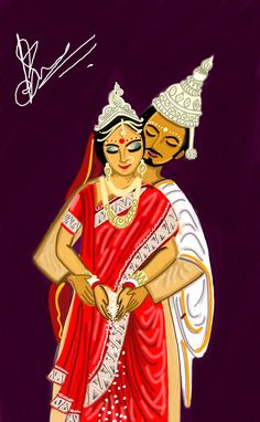 Bengali Bride Mehendi Design, Bengali Bride And Groom Cartoon, Bengali Bride Illustration, Bengali Wedding Painting, Bengali Bride Groom Illustration, Bengali Wedding Illustration, Bengali Bride And Groom, Kula Art, Kulo Painting