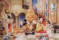 a mickey mouse christmas jigsaw puzzle is shown with other disney characters around it