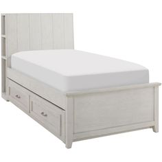 a white bed with drawers underneath it and a mattress on the bottom half of the bed