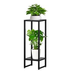 a black and white plant stand with two plants on it's sides, in front of a white background