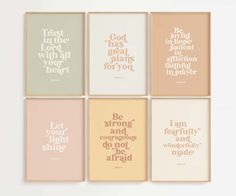 six framed art prints with different quotes on the front and back of each one, all in pastel colors