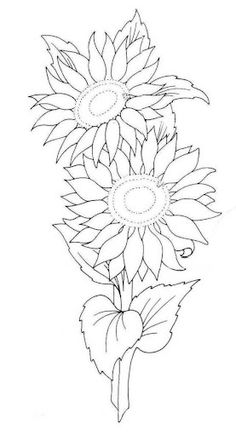 a drawing of three sunflowers with leaves in the middle and one flower at the bottom