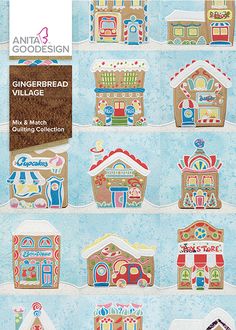 an image of gingerbread village paper dollhouse pattern set on a blue background with white border