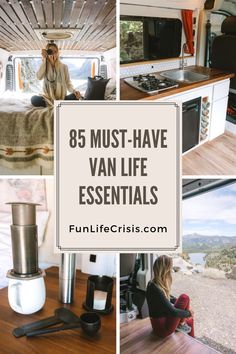 a collage of photos with the words 85 must - have van life essentials